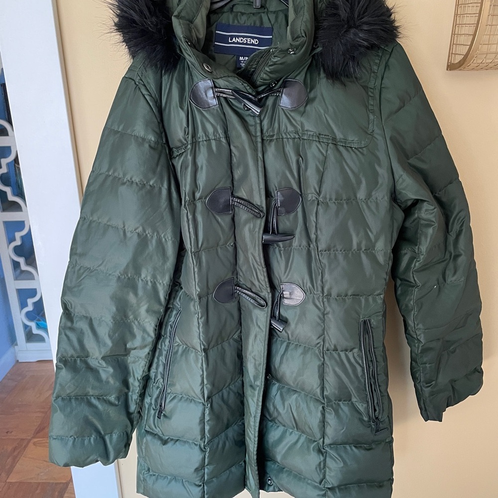 Lands' End Women’s Green Puffer Jacket with Faux Fur Hood